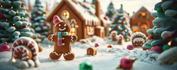 a gingerbread man happily walking with gingerbread house in winter season, Generative AI