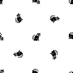 Seamless pattern of repeated black raccoon symbols. Elements are evenly spaced and some are rotated. Illustration on transparent background
