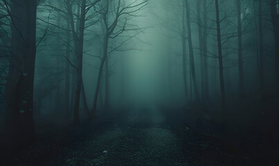 Foggy dark forest path horror melancholic background.Generative AI