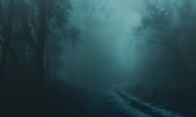 Obraz premium Foggy dark forest path horror melancholic background.Generative AI