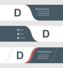 Set of blue grey banner, horizontal business banner templates. Banners with template for text and capital letter D symbol. Classic and modern style. Vector illustration on grey background