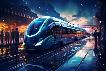 Futuristic electric and autonomous vehicles in modern cityscapes, advanced transportation.