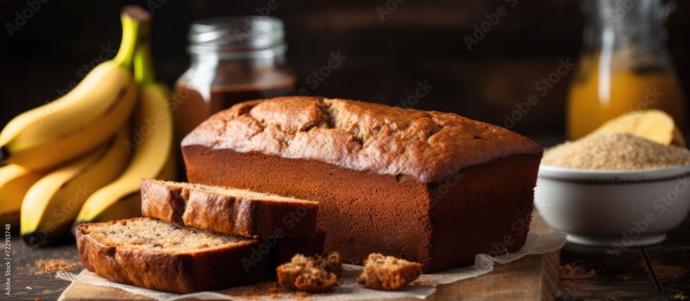 Aufkleber Homemade banana bread sliced on a table close up horizontal rustic style. Creative Banner. Copyspace image