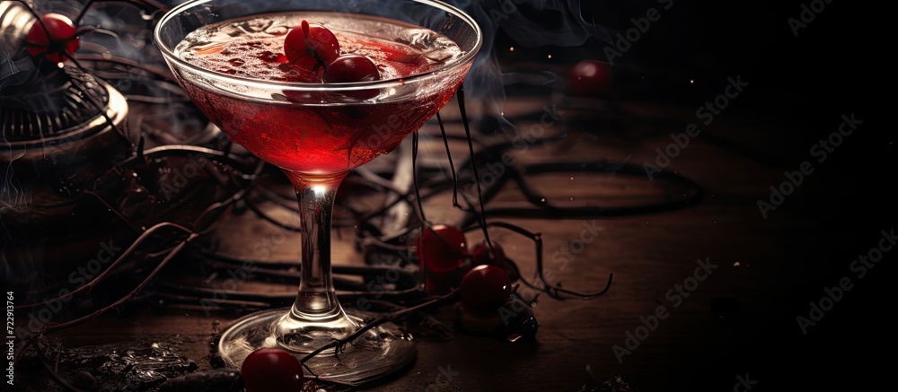 Poster Halloweens spooky drink red martini cocktail Bloody martini garnished with jelly eye on scary dark background with spiderweb twisted branches moos and spiders Festive drink for vampire party