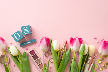 Commemorate ideal lady on Women's Day through captivating scene: fresh tulips, cube calendar displaying March 8th, eyeshadow palette, lipstick, brushes, earrings, rings on pastel pink, space for ad