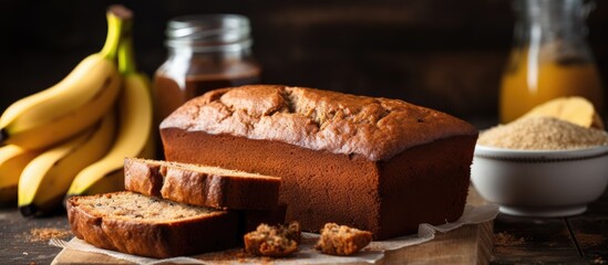 Homemade banana bread sliced on a table close up horizontal rustic style. Creative Banner. Copyspace image - Powered by Adobe