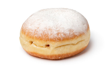 Single fresh baked Berliner donut covered with sugar close up isolated on white background