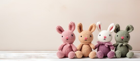 Handmade crocheted bunny toys amigurumi. Creative Banner. Copyspace image - obrazy, fototapety, plakaty