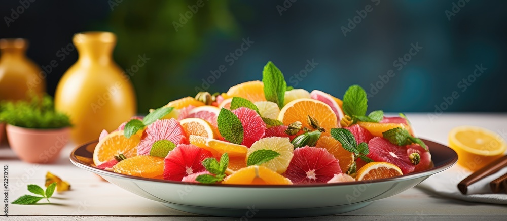 Poster Homemade Citrus Salad with Grapefruit and Oranges selective focus. Creative Banner. Copyspace image