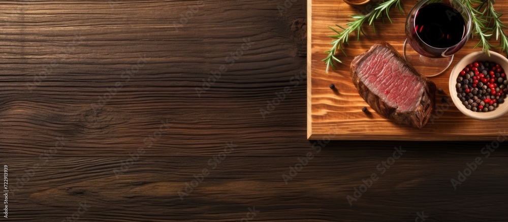 Poster grilled beef steak on wooden board and red wine top view flat lay. creative banner. copyspace image