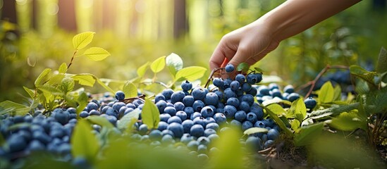 fresh ripe forest dessert blueberries hand leaf picking eating happy wooden childhood white person fun red farm cartoon activity recycling baby box work character child earth. Creative Banner