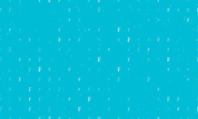 Seamless background pattern of evenly spaced white franc symbols of different sizes and opacity. Vector illustration on cyan background with stars