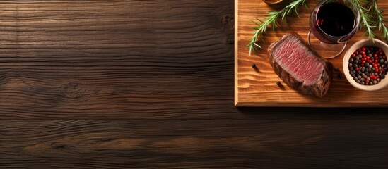 Grilled beef steak on wooden board and red wine Top view flat lay. Creative Banner. Copyspace image