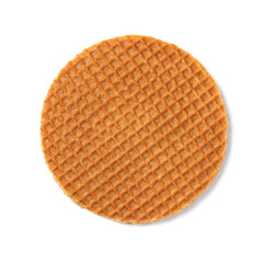 Single fresh baked stroopwafel , syrup waffle, isolated on white background close up