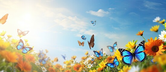 Fototapeta na wymiar How beautifully beautiful butterflies are floating on the blue flowers it looks amazing full of green nature around open sky and shining sun around. Creative Banner. Copyspace image