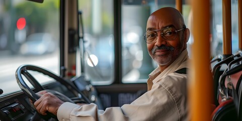 Friendly bus driver at the helm in urban setting. public transportation. city life. everyday heroes at work. AI