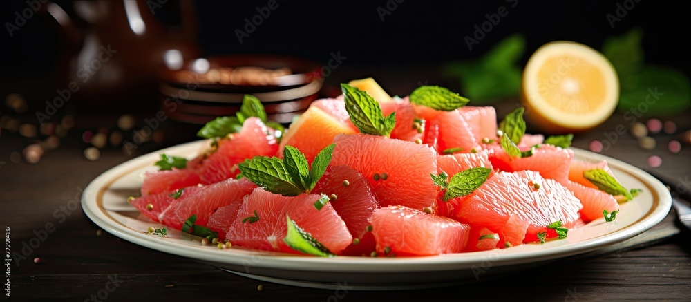 Poster Homemade Citrus Salad with Grapefruit and Oranges selective focus. Creative Banner. Copyspace image