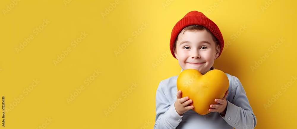 Poster happy child holds heart potato in hands and shows a heart shape with his own hands. creative banner.