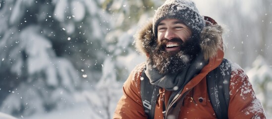 Hipster in thermal jacket hat scarf beard warm in winter Bearded man smile with snowballs in snowy forest Temperature freezing cold snap Skincare beard care in winter Snow fight sport rest