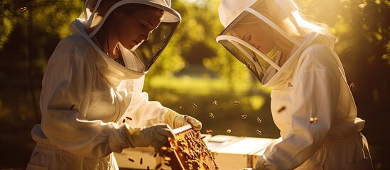 Girls examining honeycomb frame while wearing protective suits at apiary garden. Creative Banner. Copyspace image