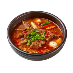 Yukgaejang or Spicy beef soup is served in a bowl with a transparent background