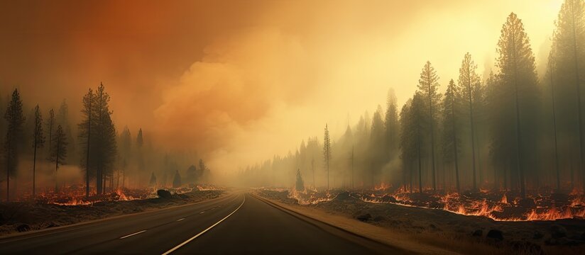 haze on highway from burning forest smoke in summer morning. Creative Banner. Copyspace image