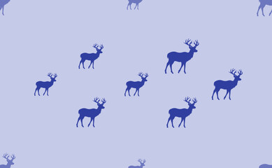 Seamless pattern of large isolated blue deer symbols. The pattern is divided by a line of elements of lighter tones. Vector illustration on light blue background