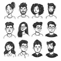 Collection de portraits diversifi&eacute;s - vecteur noir et blanc