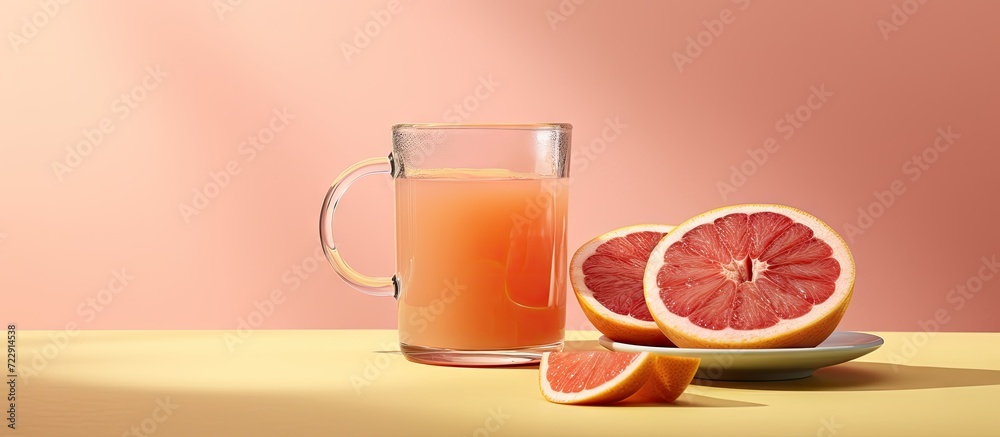 Poster frutochino grapefruit coffee in a glass with a slice of grapefruit. creative banner. copyspace image