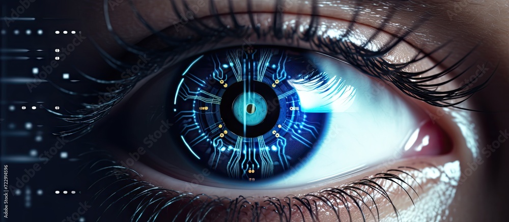Poster Human eye with cyber retinal recognition for neuro link connection smart lens eyes vision diagnostics Augmented virtual reality in metaverse AI artificial intelligence. Creative Banner