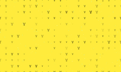 Seamless background pattern of evenly spaced black hare's head symbols of different sizes and opacity. Vector illustration on yellow background with stars