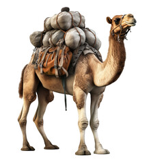 Side view of camel with saddle isolated on a cut out PNG transparent background