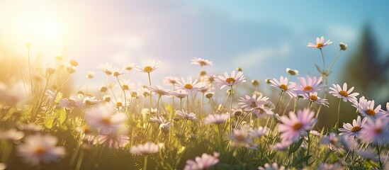 How beautifully the blue purple white flowers are blooming they look very beautiful full of green nature around open sky and shining sun around. Creative Banner. Copyspace image