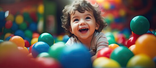 Happy laughing boy 1 2 years old having fun in ball pit on birthday party in kids amusement park and indoor play center in playground ball pool Activity toys for little kid. Creative Banner - obrazy, fototapety, plakaty