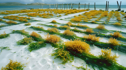 Rows of seaweed on a seaweed farm, Jambiani, Zanzibar island, Tanzania - obrazy, fototapety, plakaty