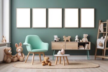 scandinavian kid room interior with toys, mint armchair, furniture, decoration and child accessories, mock up poster frame