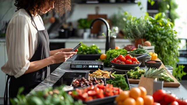 Woman in modern kitchen uses smart scale and smartphone for a personal nutrition plan. AI Generated