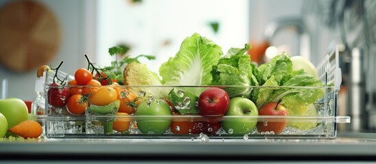 Fresh ripe vegetables and fruits from the organic farm are washed with running water in the dishwasher. Creative Banner. Copyspace image - obrazy, fototapety, plakaty