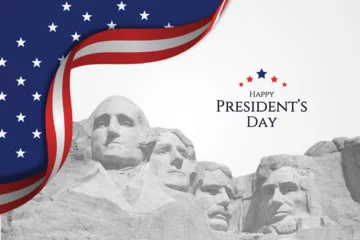 Tuinposter Presidents Day banner blue background vector illustration with lettering Happy President's Day and Rushmore USA presidents © rahul