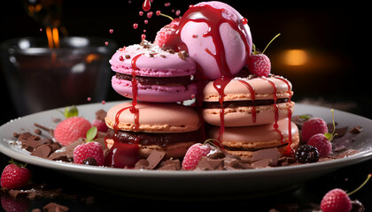 Macaroons with raspberries and chocolate on a dark background