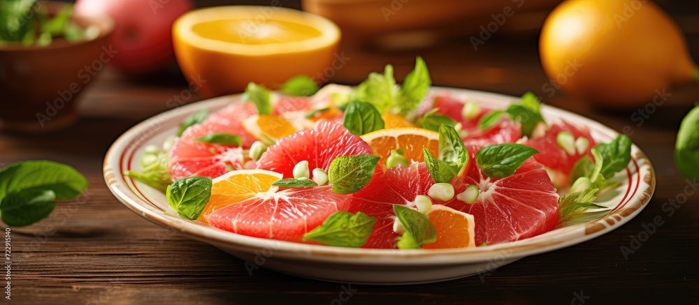 Poster Homemade Citrus Salad with Grapefruit and Oranges selective focus. Creative Banner. Copyspace image