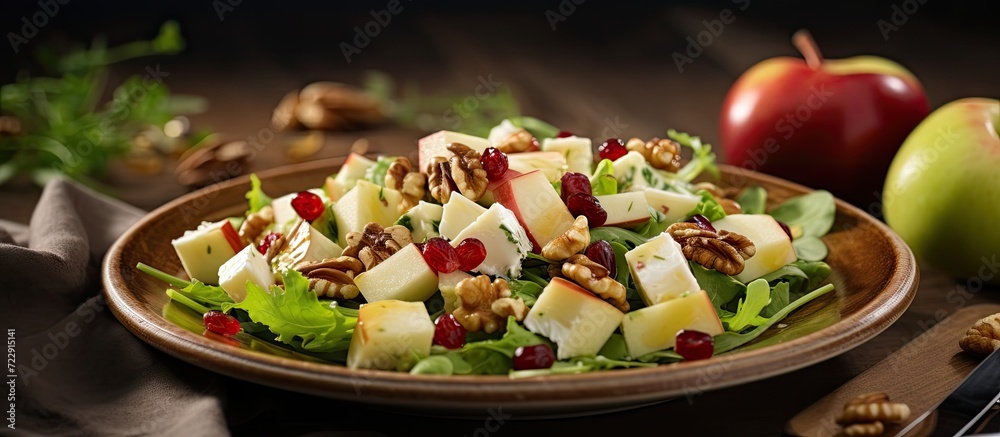 Poster homemade autumn apple walnut spinach salad with cheese and cranberries. creative banner. copyspace i