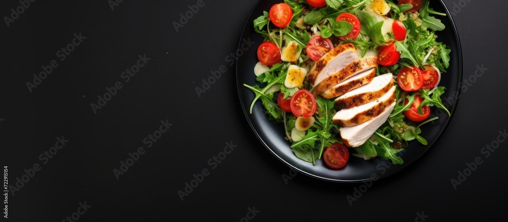 Poster fresh salad with chicken breast arugula and tomato top view. creative banner. copyspace image