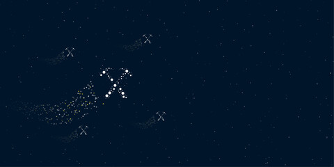 A crossed hammers symbol filled with dots flies through the stars leaving a trail behind. There are four small symbols around. Vector illustration on dark blue background with stars - obrazy, fototapety, plakaty