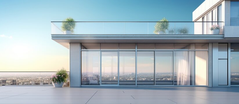 futuristic architecture with big window balconies. Creative Banner. Copyspace image