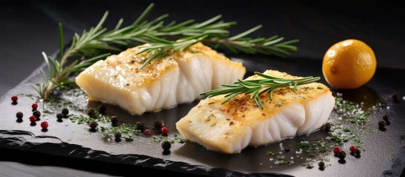 Fried fish fillet Atlantic cod with rosemary in pan. Creative Banner. Copyspace image