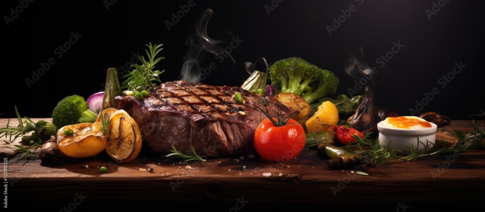 Poster fresh grilled ribeye steak with broccoli carrot and cherry tomatoes on side. creative banner. copysp