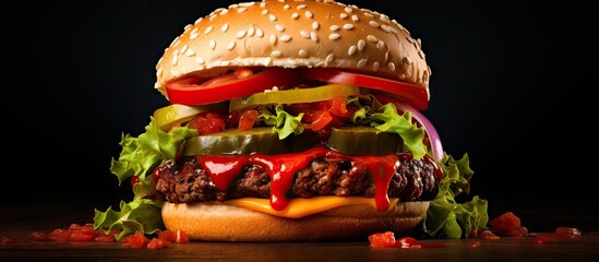 Fresh juicy burger or hamburger with double fried beef cutlet onions vegetables and tomato sauce...