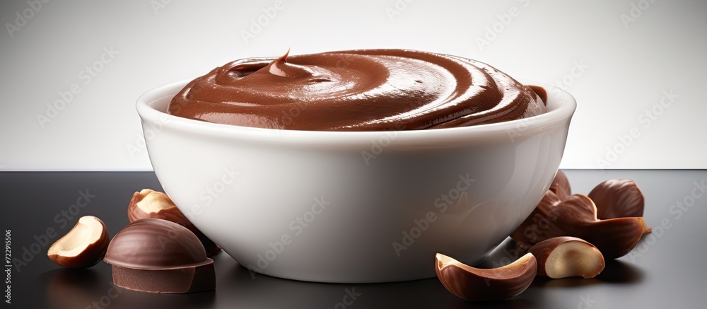 Aufkleber homemade chocolate hazelnut spread in a bowl side view. creative banner. copyspace image