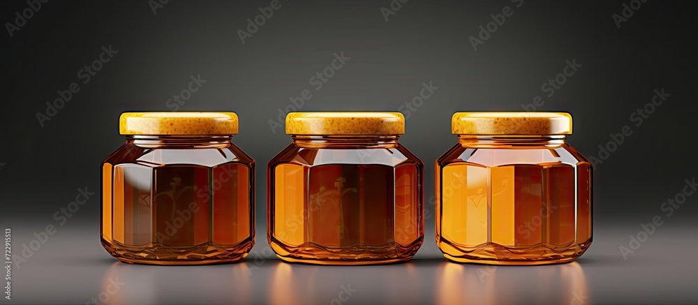 Poster honey jar mock up three jars blank label. creative banner. copyspace image